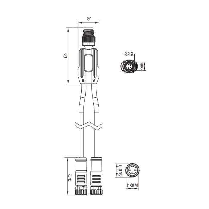 M8 4Pin Male /2M8 3Pin female, Y-shaped precast PUR tow chain电缆、黑色护套、63D321-XXX